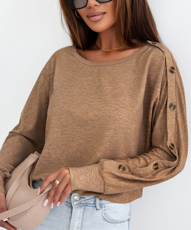 Khaki Solid Color Button Decor Dolman Sleeve Top