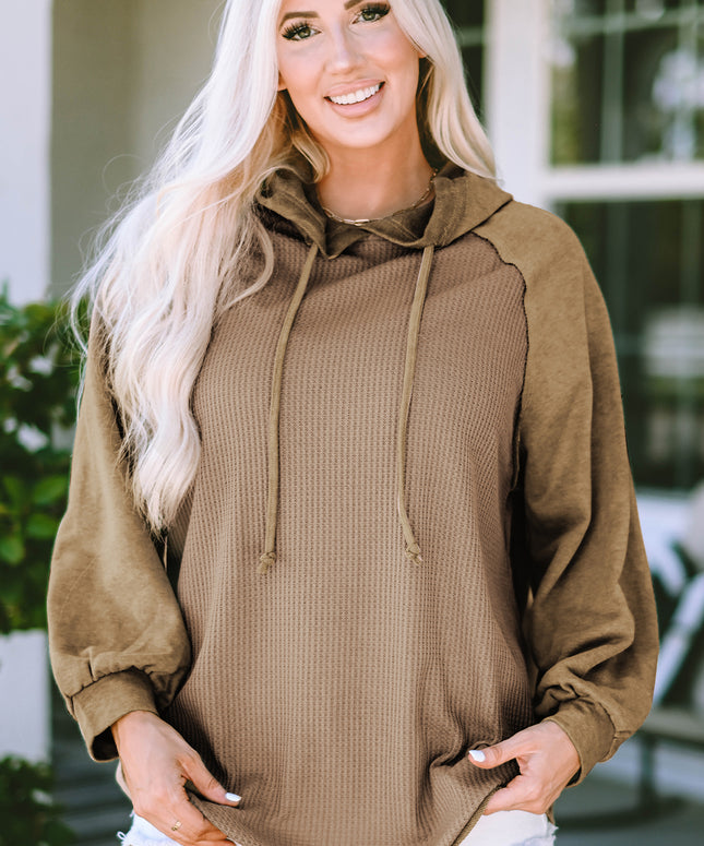 Khaki Waffled Expose Seam Drawstring Hoodie